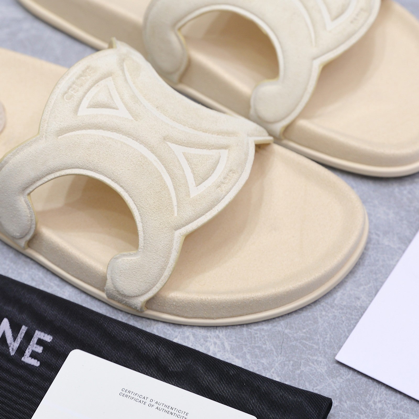 CELINE 26S TRIOMPHE SLIDES IN CREAM WHITE SUEDE