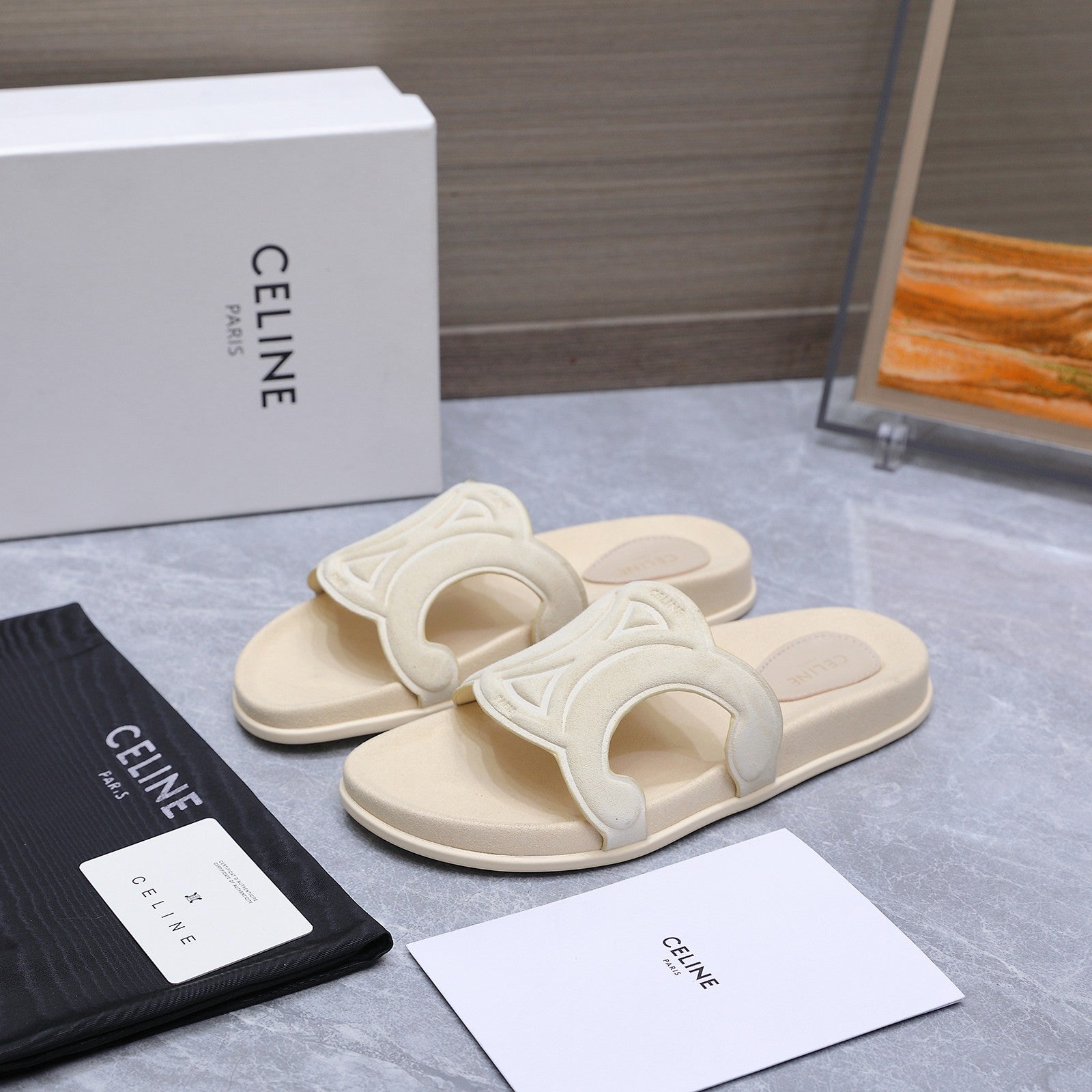 CELINE 26S TRIOMPHE SLIDES IN CREAM WHITE SUEDE