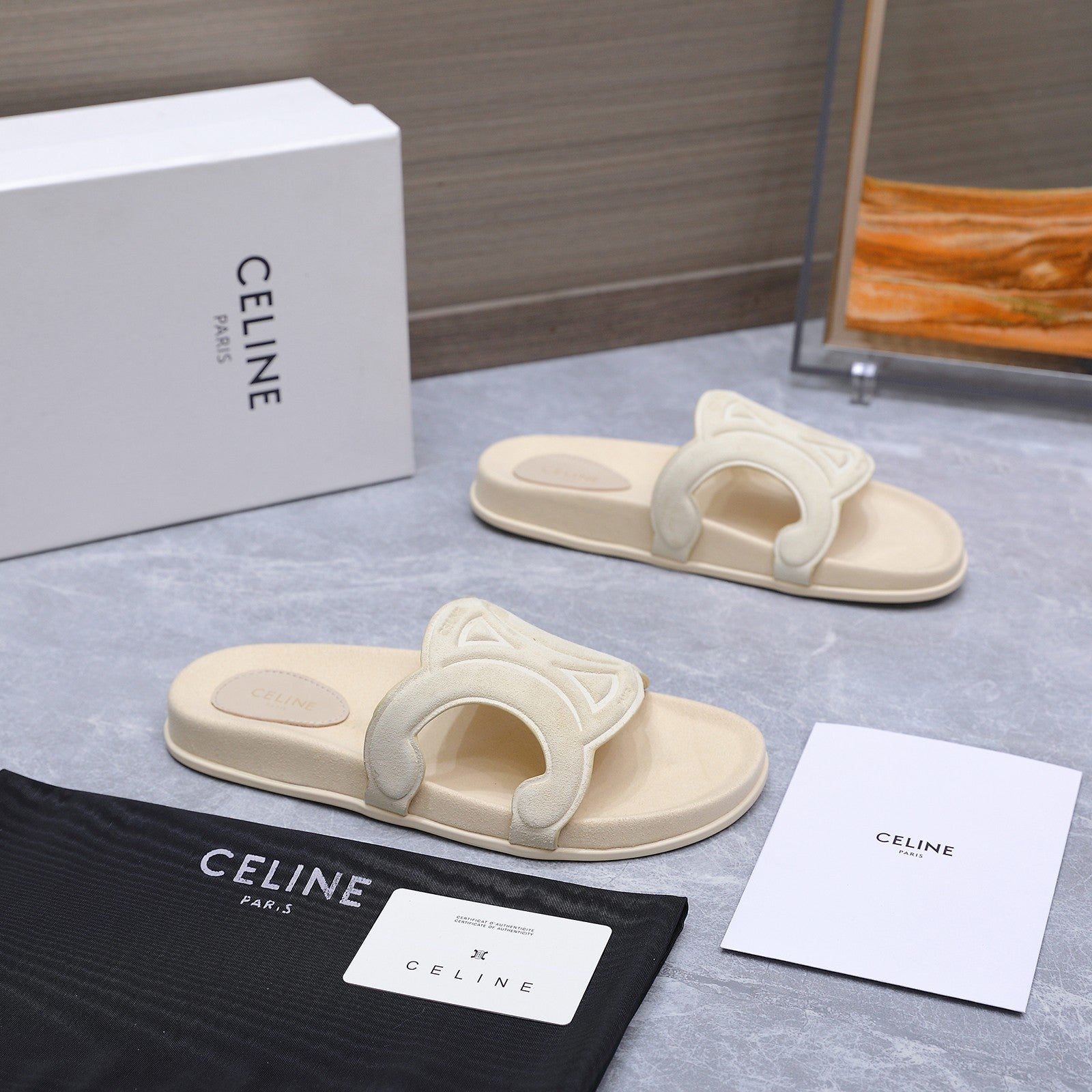 CELINE 26S TRIOMPHE SLIDES IN CREAM WHITE SUEDE