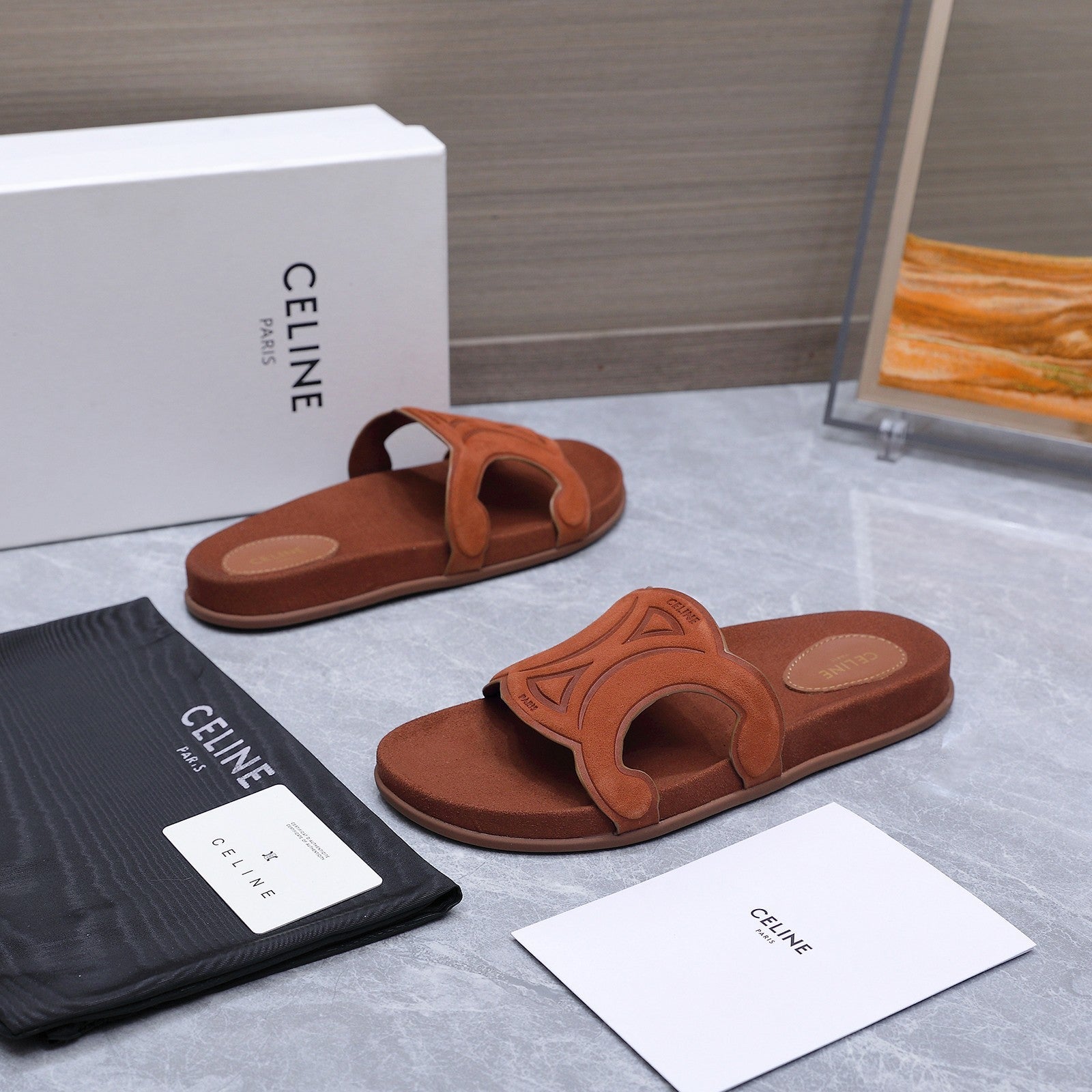 CELINE 26S TRIOMPHE SLIDES IN COGNAC BROWN SUEDE
