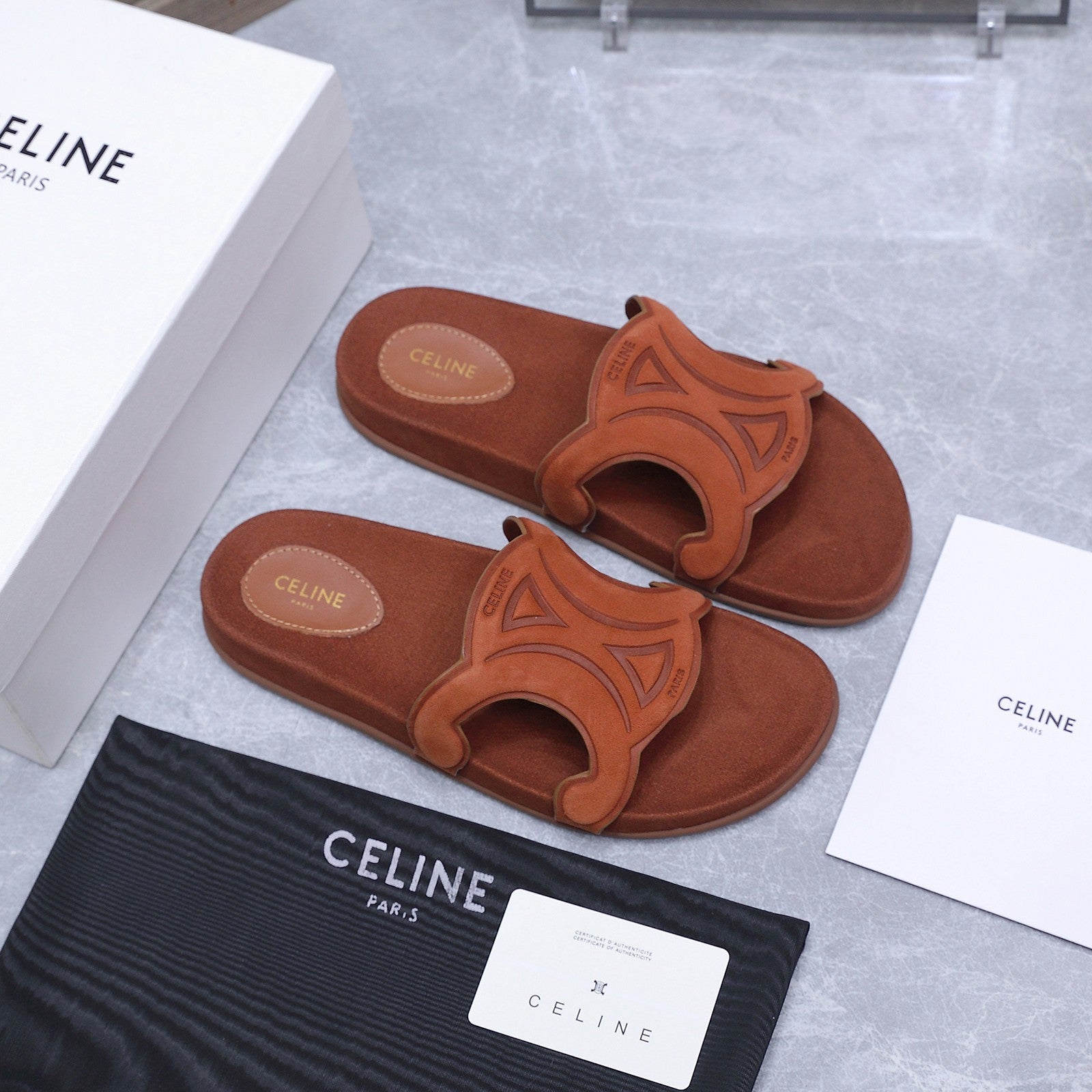 CELINE 26S TRIOMPHE SLIDES IN COGNAC BROWN SUEDE