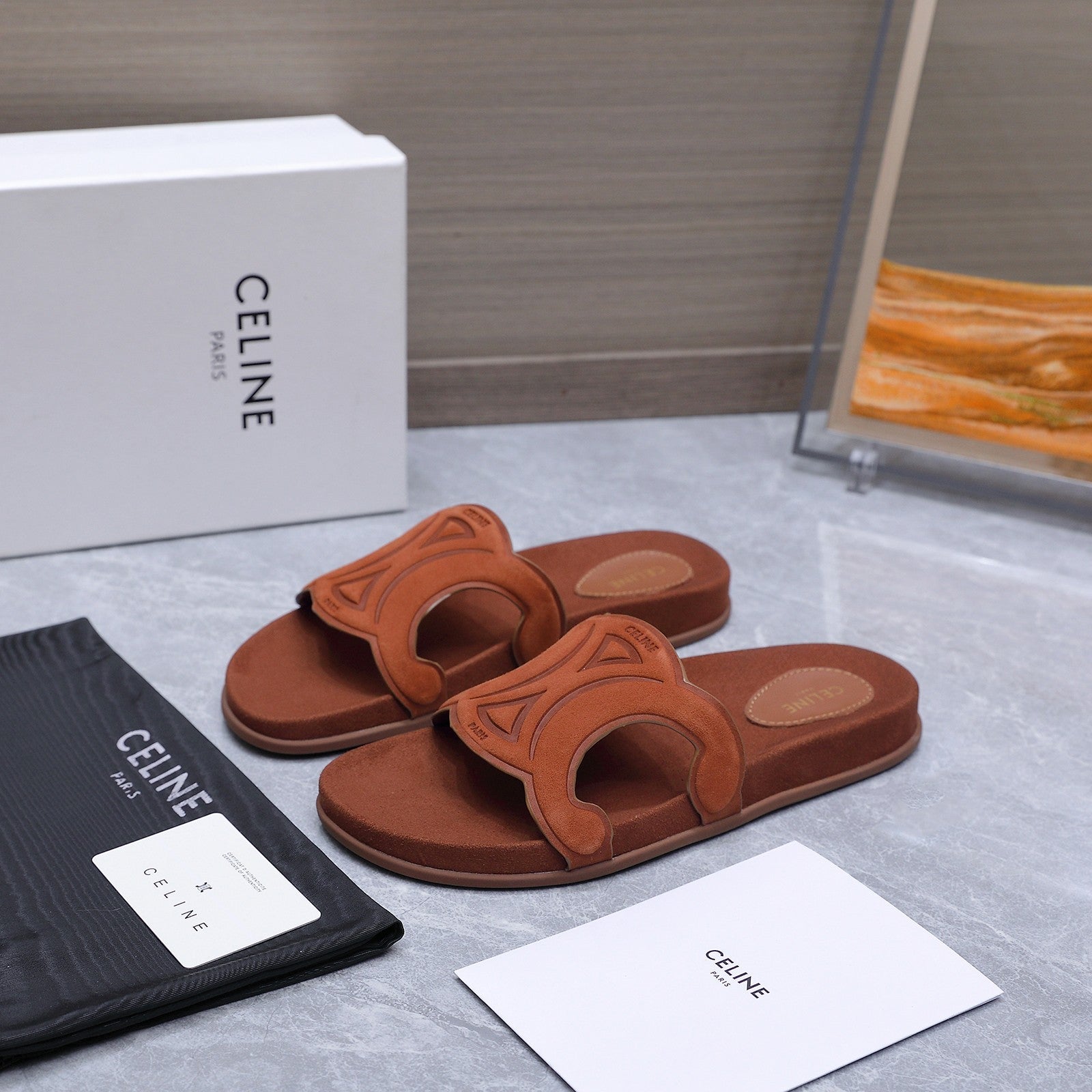 CELINE 26S TRIOMPHE SLIDES IN COGNAC BROWN SUEDE