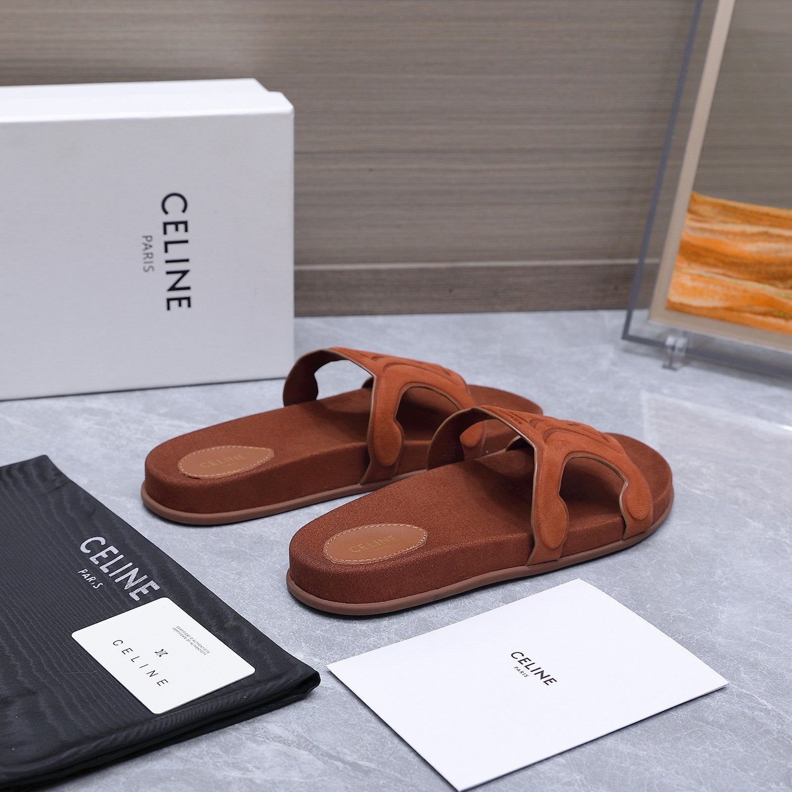 CELINE 26S TRIOMPHE SLIDES IN COGNAC BROWN SUEDE