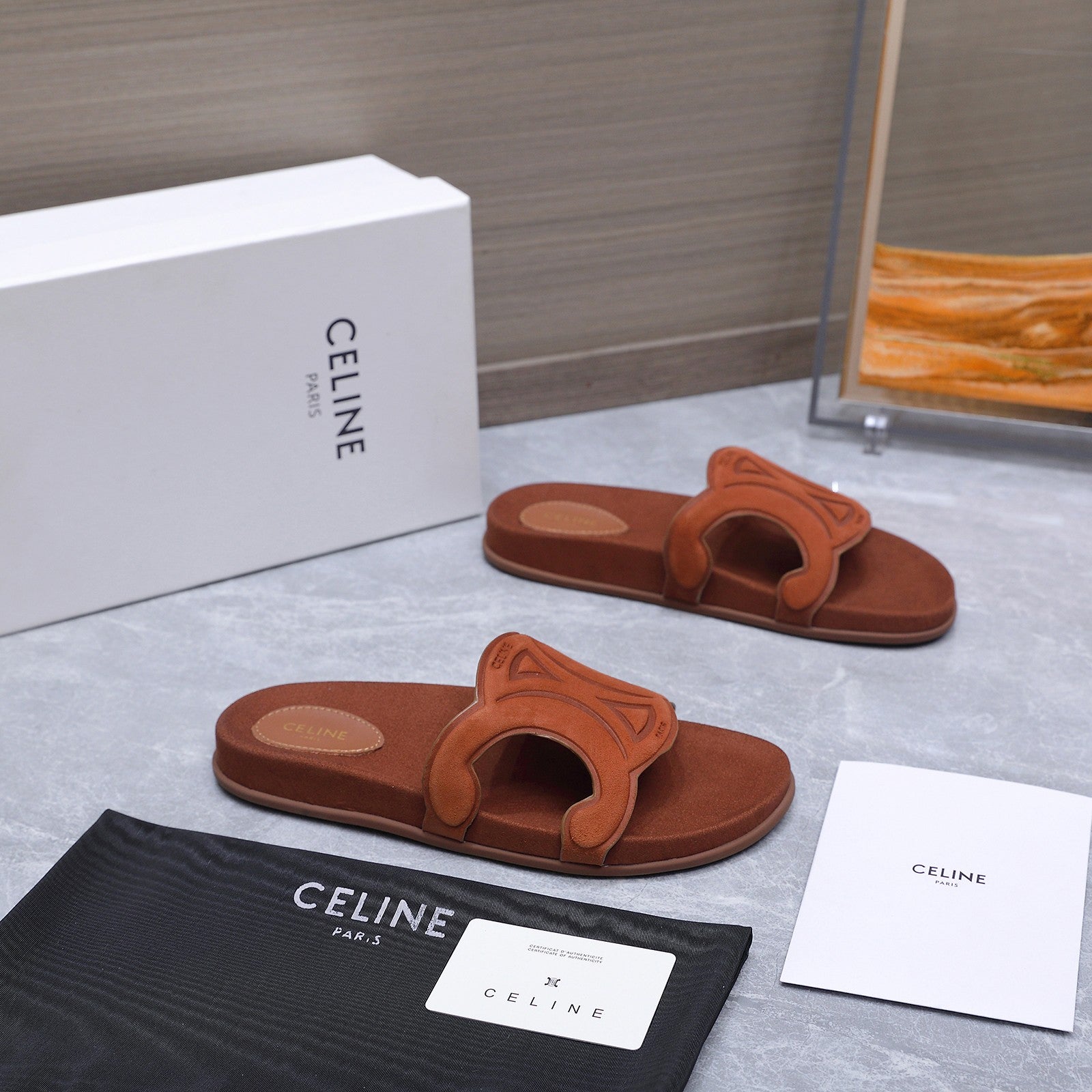 CELINE 26S TRIOMPHE SLIDES IN COGNAC BROWN SUEDE