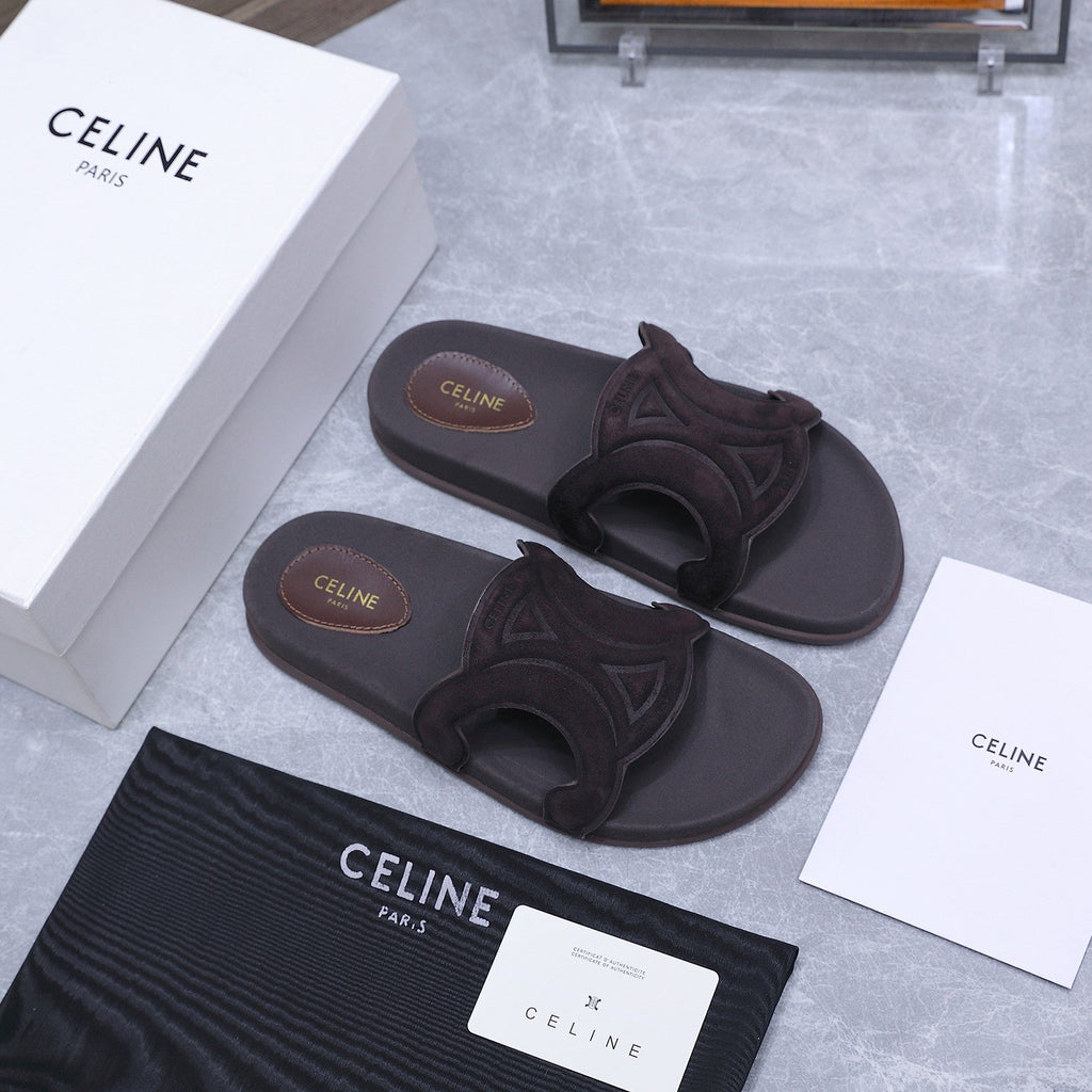 CELINE 26S TRIOMPHE SLIDES IN DARK BROWN SUEDE