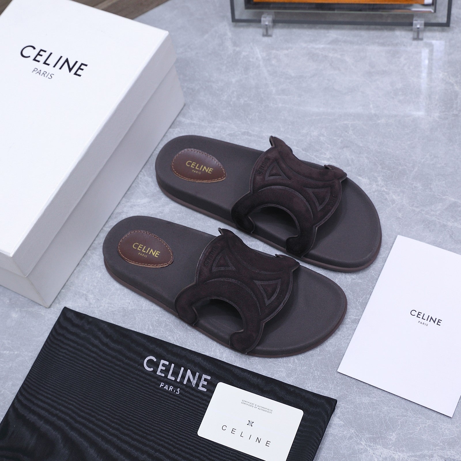 CELINE 26S TRIOMPHE SLIDES IN DARK BROWN SUEDE