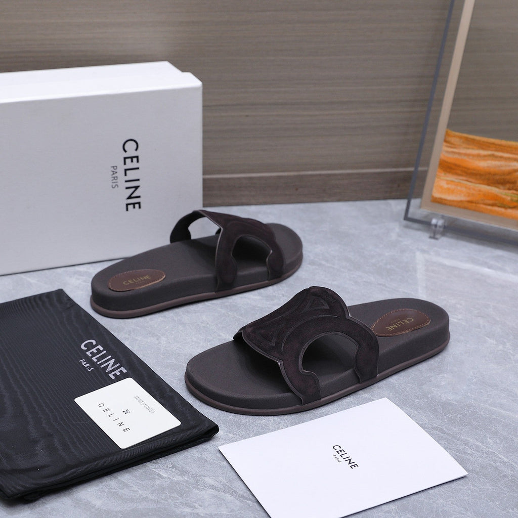 CELINE 26S TRIOMPHE SLIDES IN DARK BROWN SUEDE