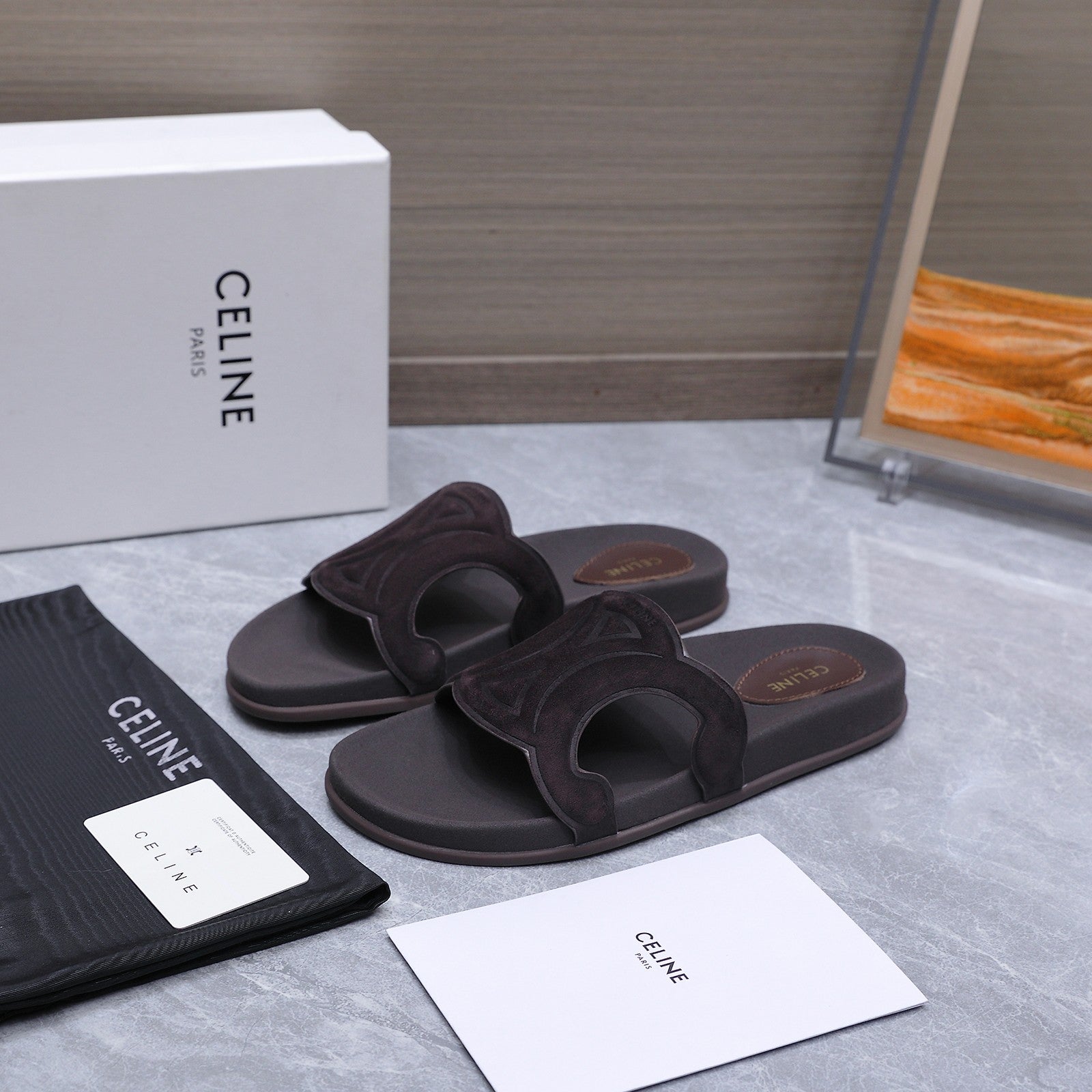 CELINE 26S TRIOMPHE SLIDES IN DARK BROWN SUEDE