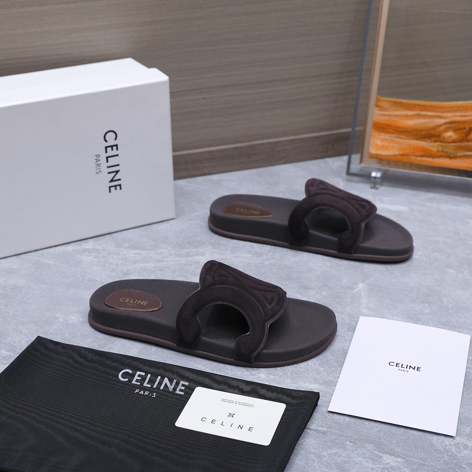 CELINE 26S TRIOMPHE SLIDES IN DARK BROWN SUEDE