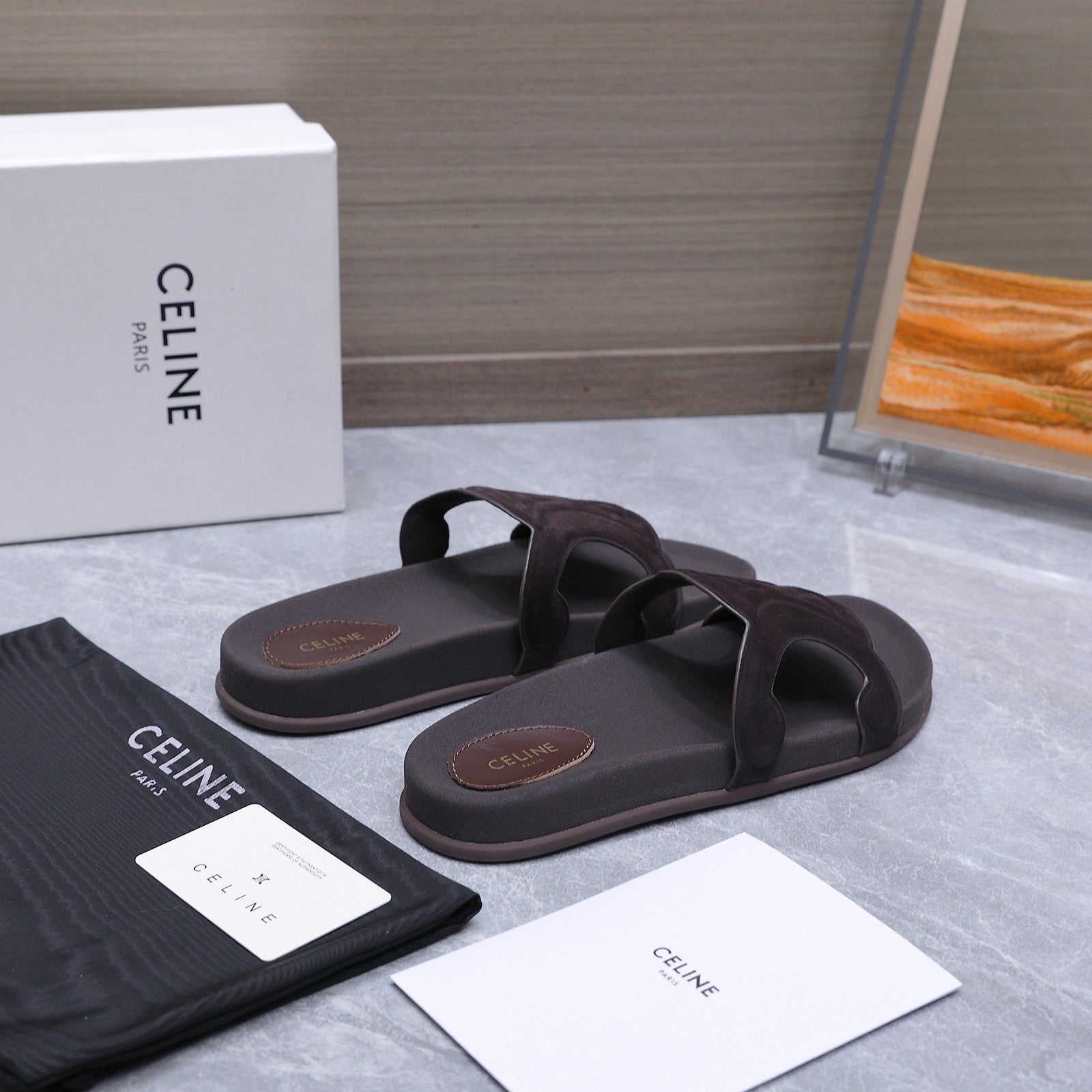 CELINE 26S TRIOMPHE SLIDES IN DARK BROWN SUEDE
