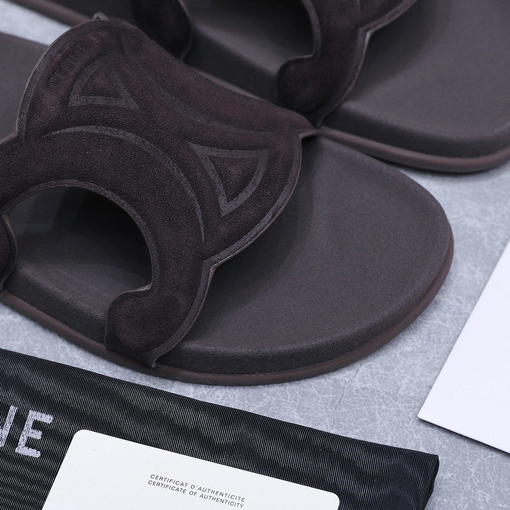 CELINE 26S TRIOMPHE SLIDES IN DARK BROWN SUEDE