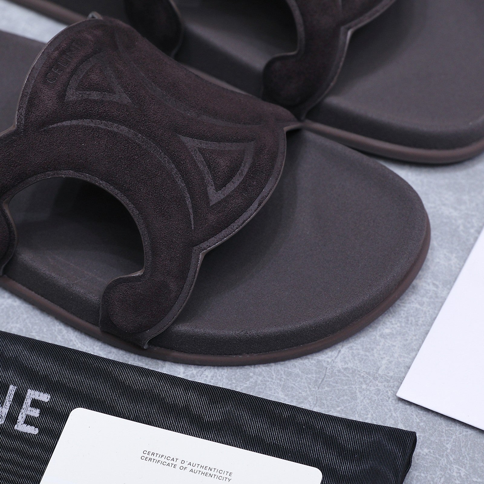 CELINE 26S TRIOMPHE SLIDES IN DARK BROWN SUEDE