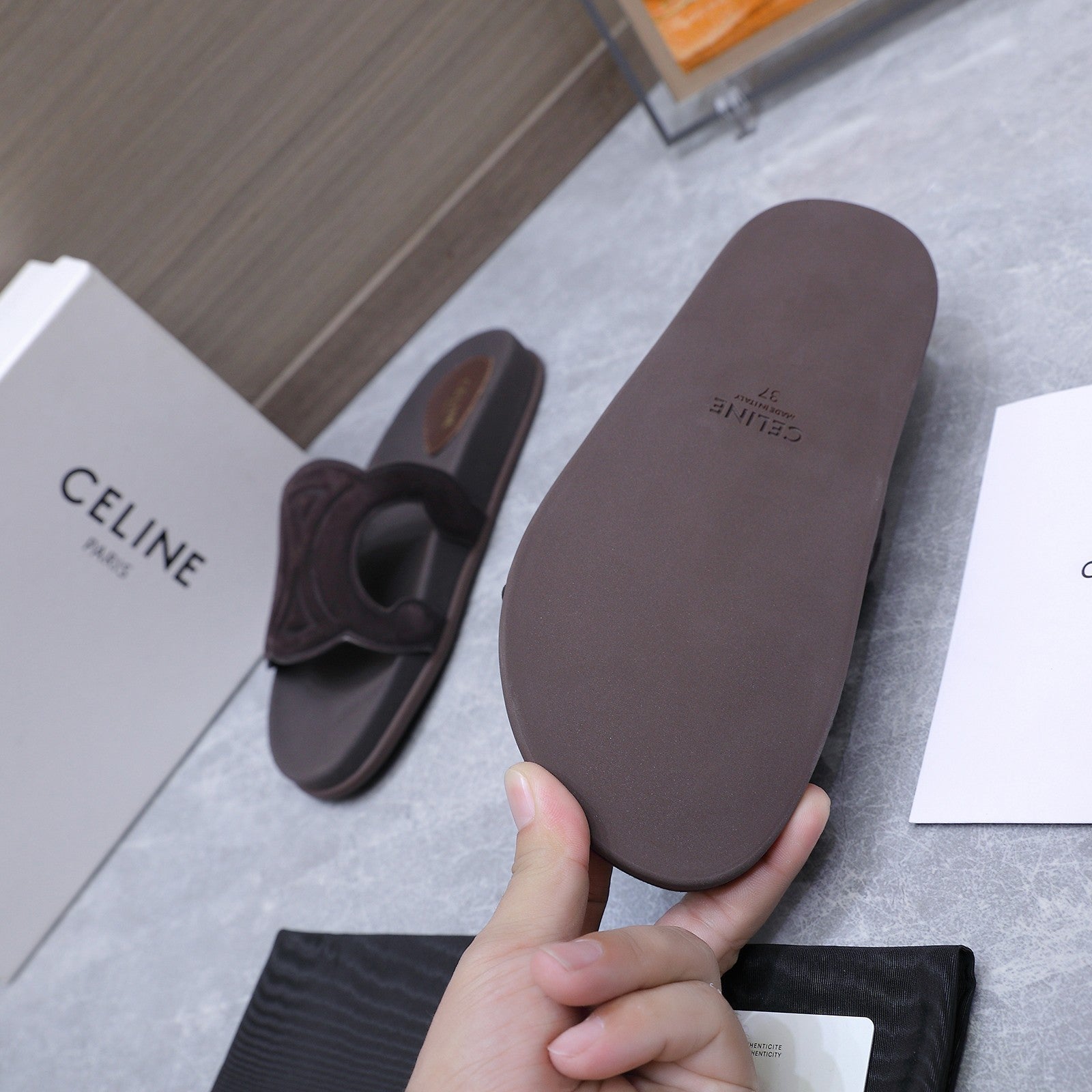 CELINE 26S TRIOMPHE SLIDES IN DARK BROWN SUEDE