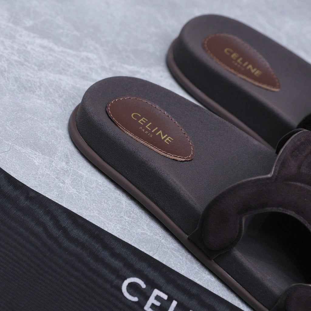CELINE 26S TRIOMPHE SLIDES IN DARK BROWN SUEDE