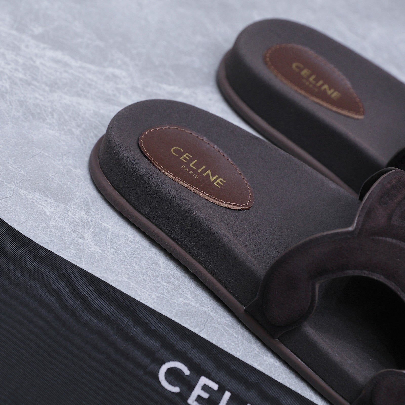 CELINE 26S TRIOMPHE SLIDES IN DARK BROWN SUEDE