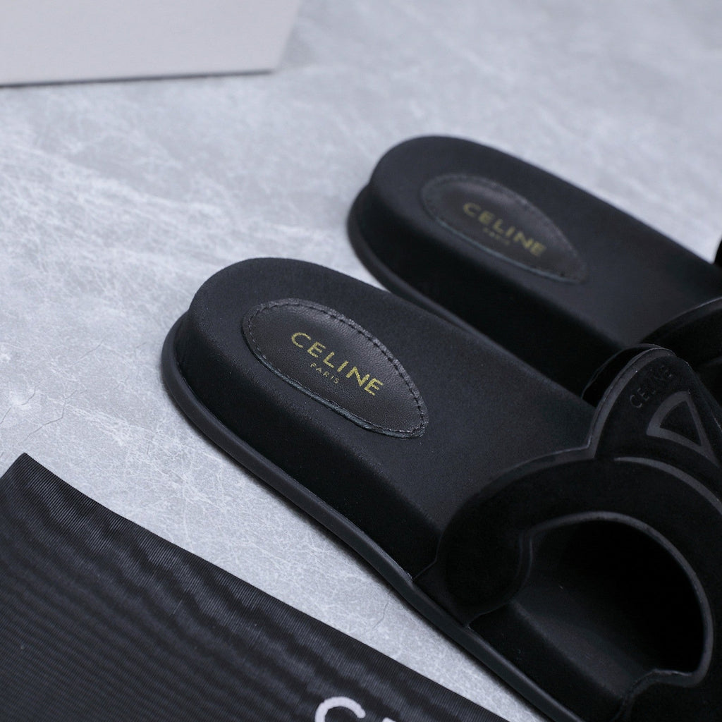 CELINE 26S TRIOMPHE SLIDES IN BLACK SUEDE