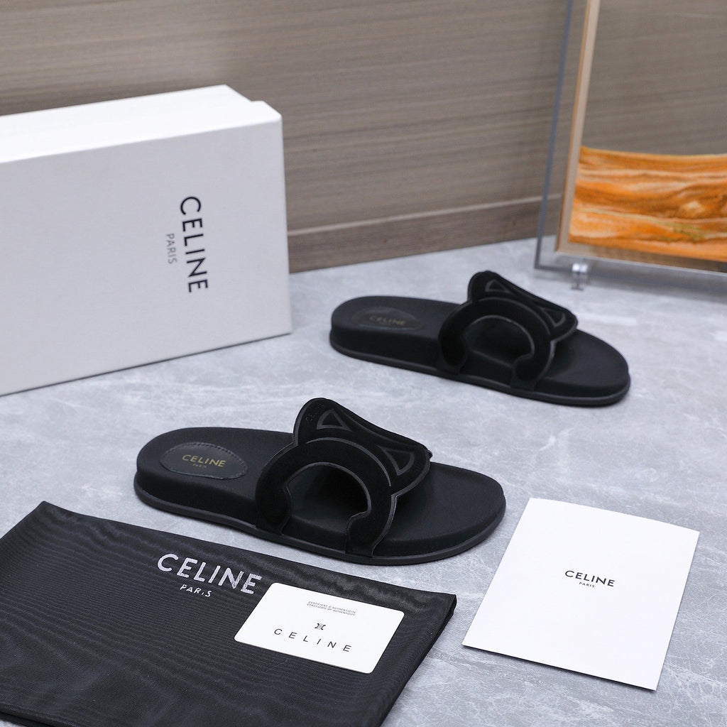 CELINE 26S TRIOMPHE SLIDES IN BLACK SUEDE