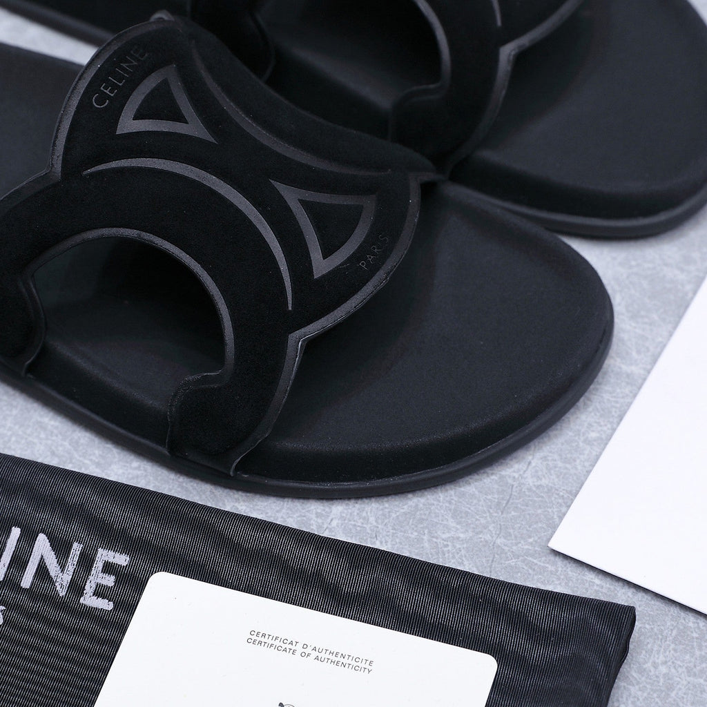 CELINE 26S TRIOMPHE SLIDES IN BLACK SUEDE