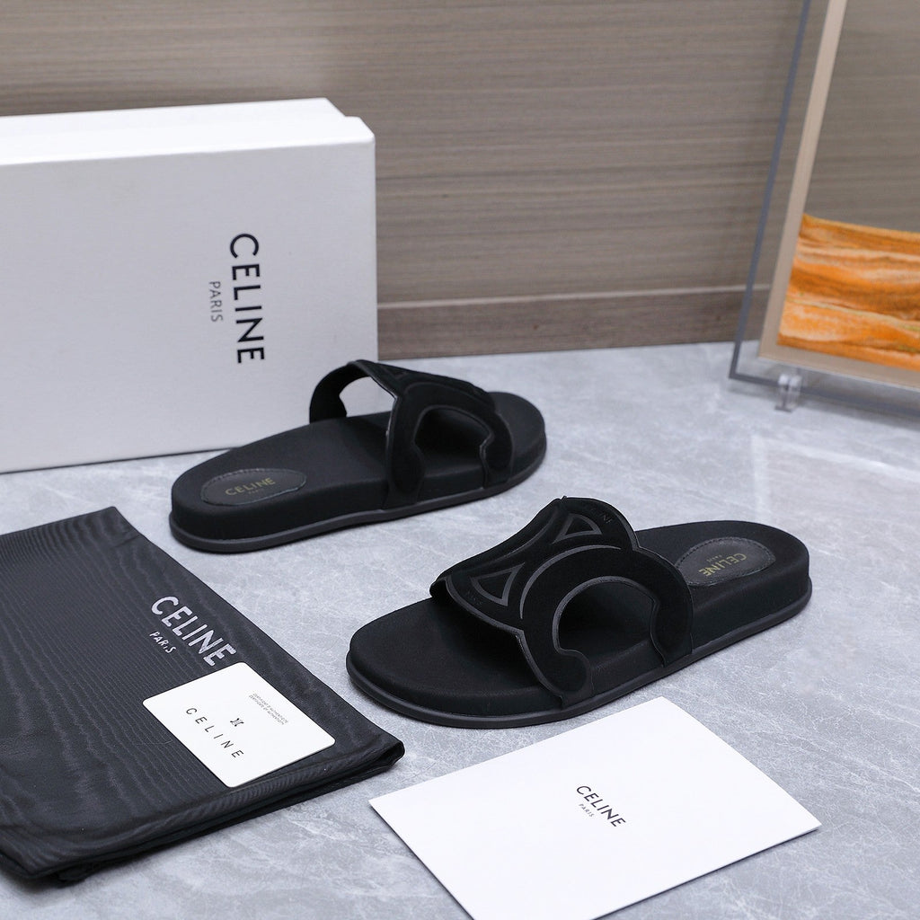 CELINE 26S TRIOMPHE SLIDES IN BLACK SUEDE