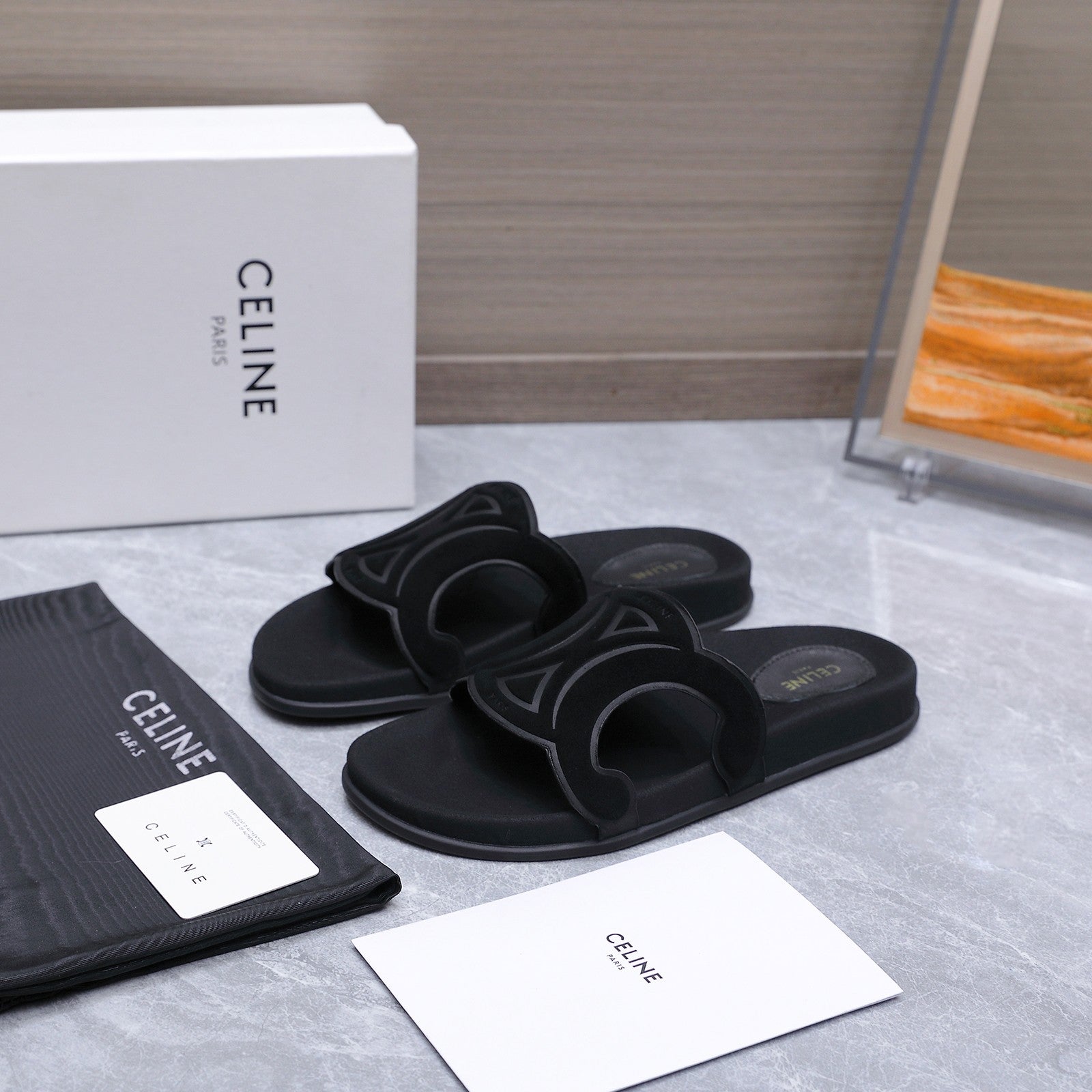 CELINE 26S TRIOMPHE SLIDES IN BLACK SUEDE