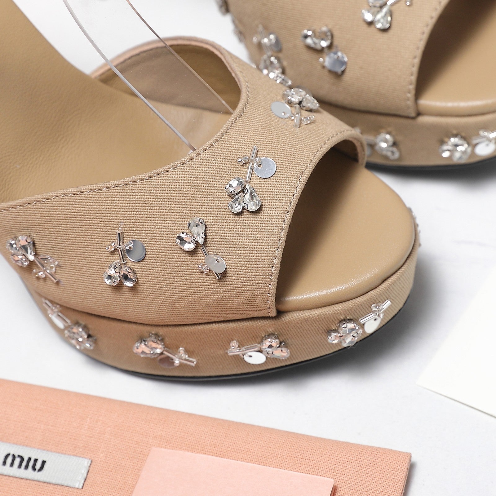 MIUMIU 26S PLATFORM ANKLE STRAP SANDALS 120MM IN BROWN CANVAS CRYSTAL-EMBELLISHED