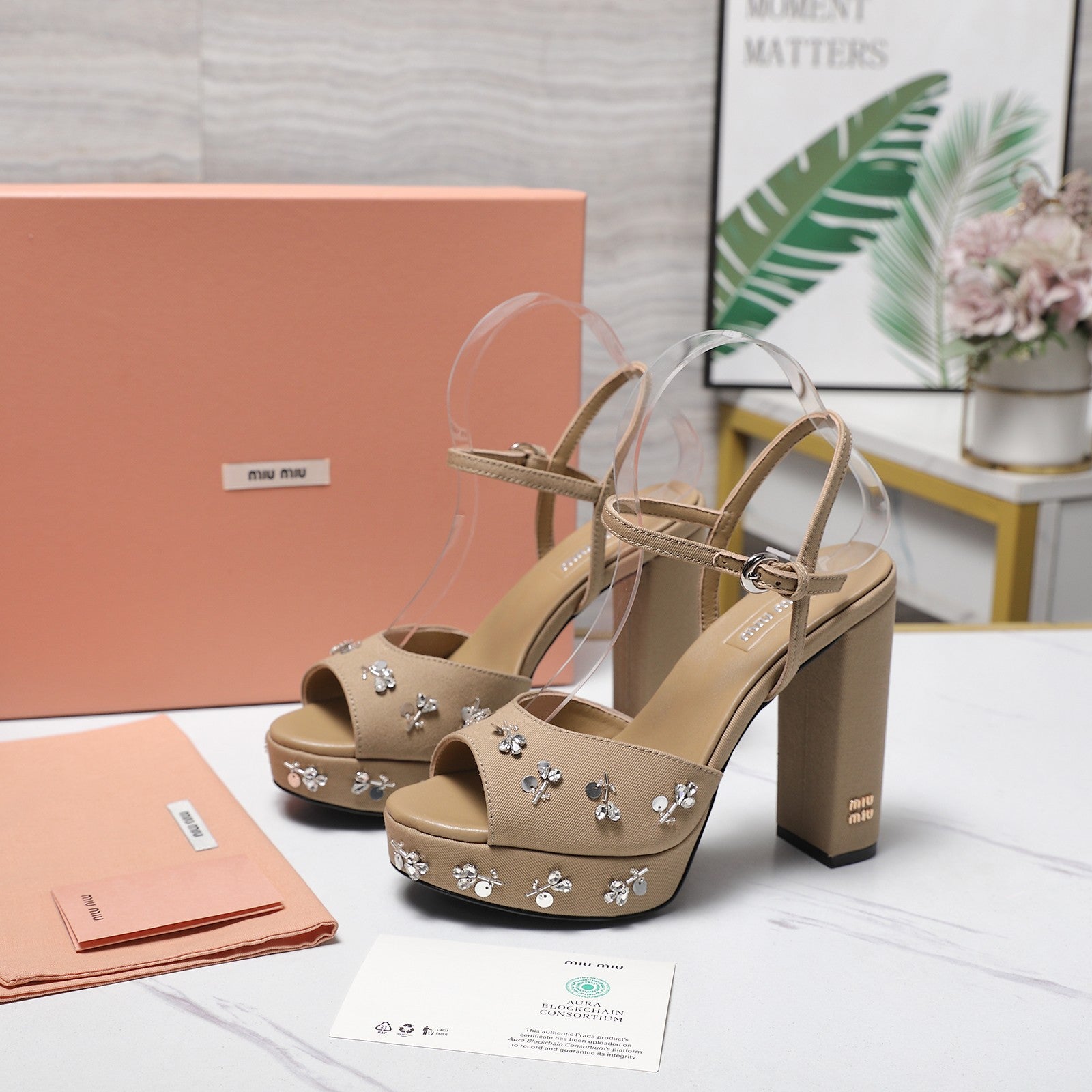 MIUMIU 26S PLATFORM ANKLE STRAP SANDALS 120MM IN BROWN CANVAS CRYSTAL-EMBELLISHED