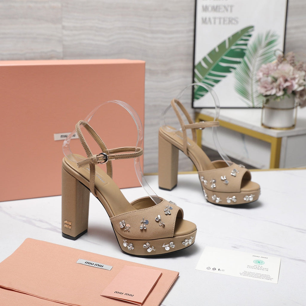 MIUMIU 26S PLATFORM ANKLE STRAP SANDALS 120MM IN BROWN CANVAS CRYSTAL-EMBELLISHED