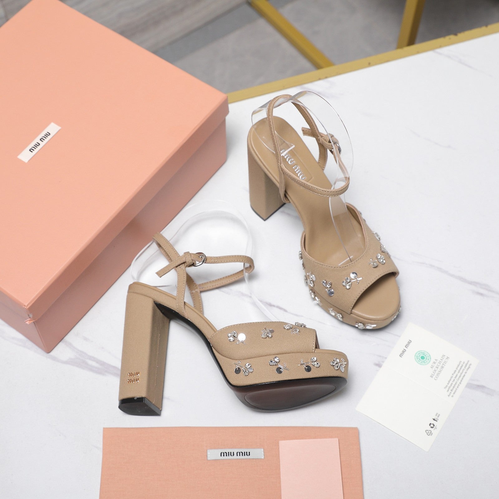 MIUMIU 26S PLATFORM ANKLE STRAP SANDALS 120MM IN BROWN CANVAS CRYSTAL-EMBELLISHED