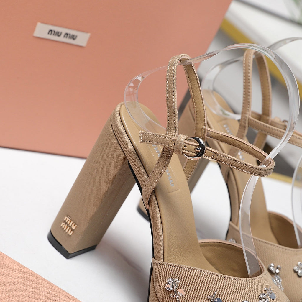 MIUMIU 26S PLATFORM ANKLE STRAP SANDALS 120MM IN BROWN CANVAS CRYSTAL-EMBELLISHED