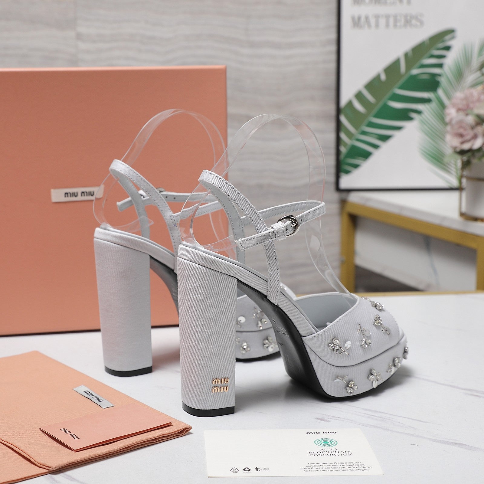 MIUMIU 26S PLATFORM ANKLE STRAP SANDALS 120MM IN LIGHT GREY CANVAS CRYSTAL-EMBELLISHED