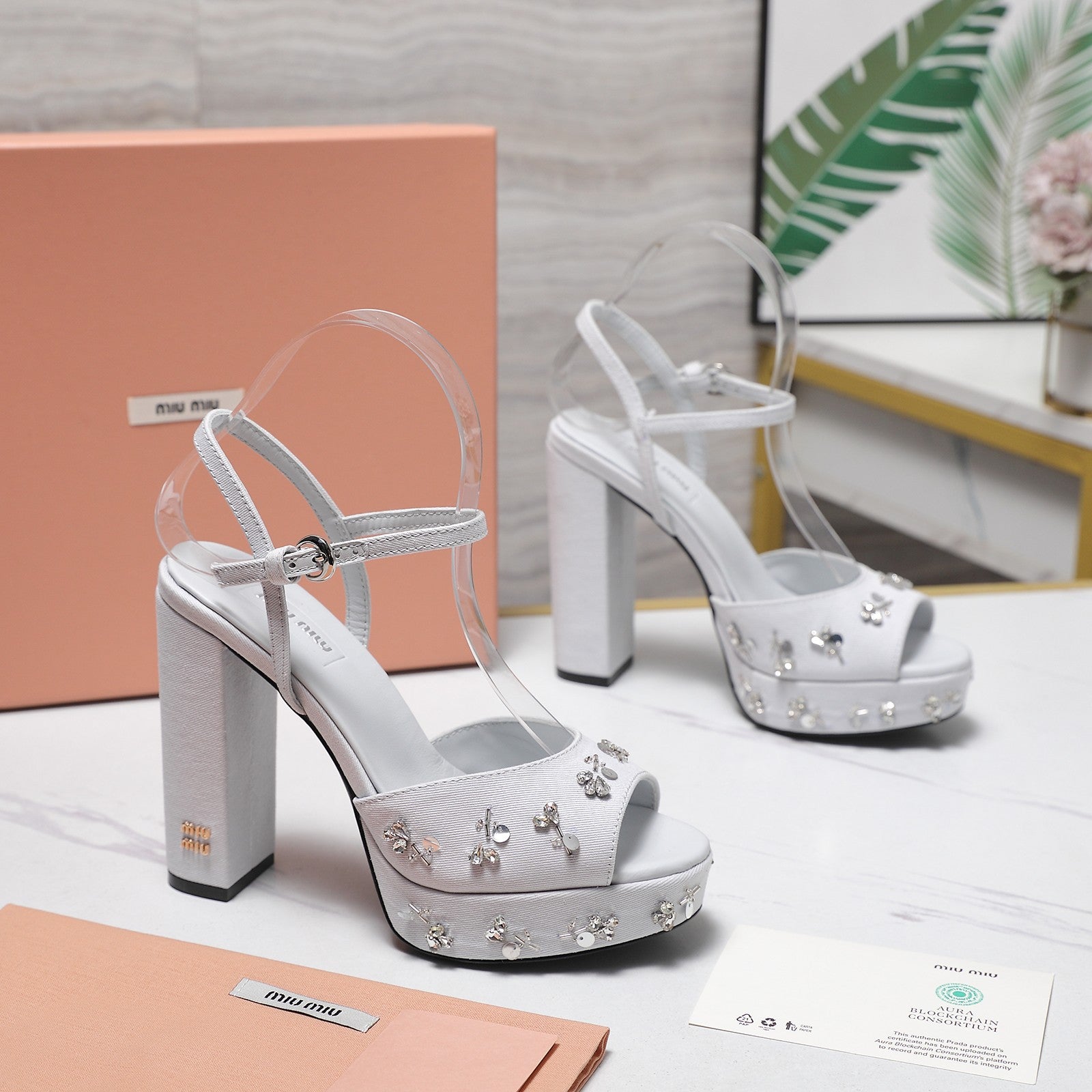 MIUMIU 26S PLATFORM ANKLE STRAP SANDALS 120MM IN LIGHT GREY CANVAS CRYSTAL-EMBELLISHED