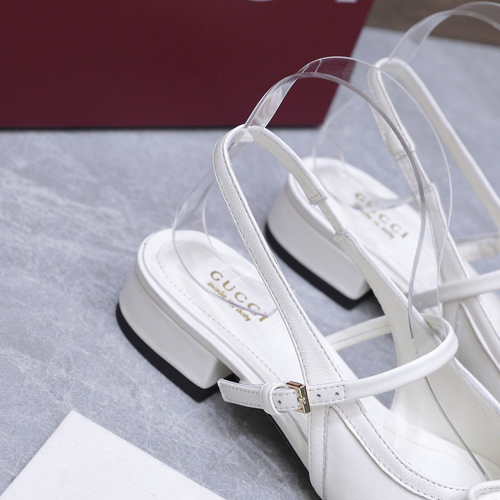 GUCCI 26S SLINGBACK PUMPS IN WHITE CALFSKIN GOLD HARDWARE