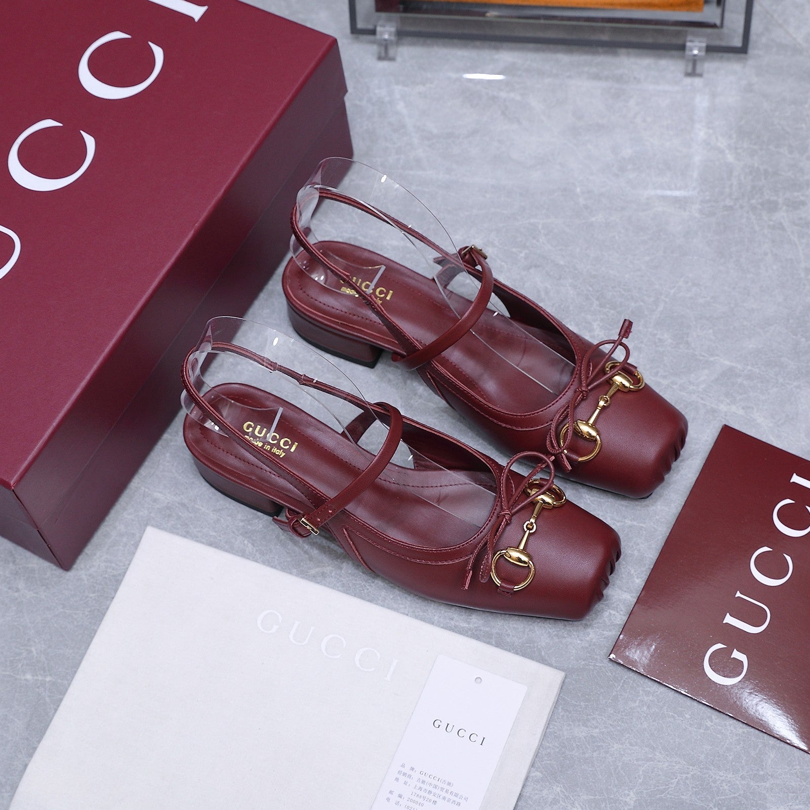 GUCCI 26S SLINGBACK PUMPS IN BURGUNDY RED CALFSKIN GOLD HARDWARE