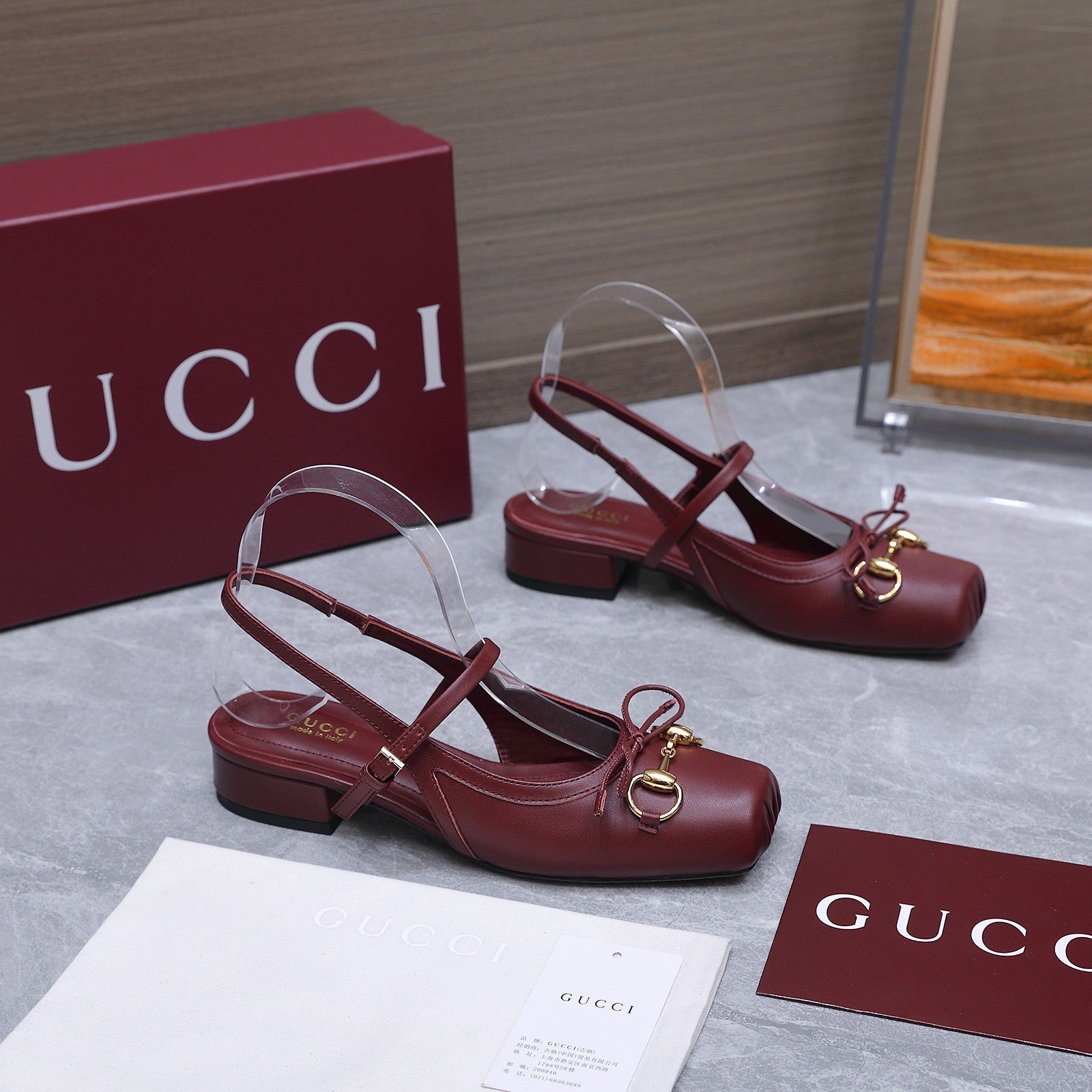 GUCCI 26S SLINGBACK PUMPS IN BURGUNDY RED CALFSKIN GOLD HARDWARE