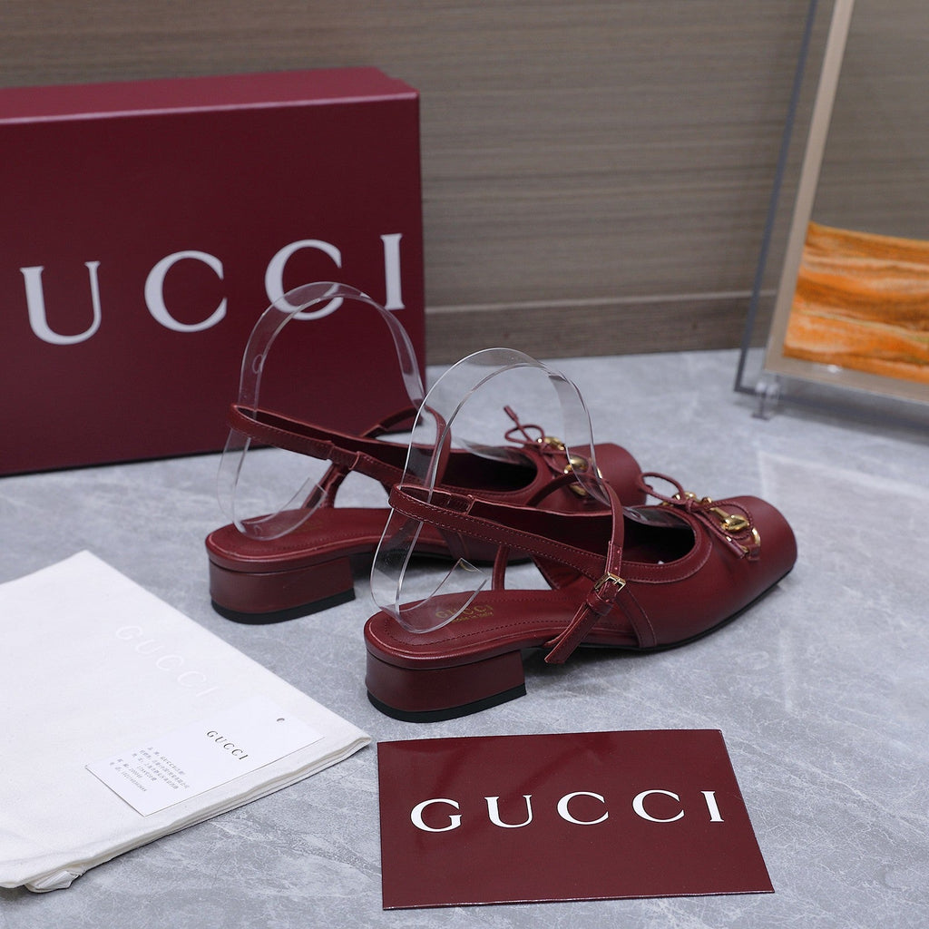 GUCCI 26S SLINGBACK PUMPS IN BURGUNDY RED CALFSKIN GOLD HARDWARE