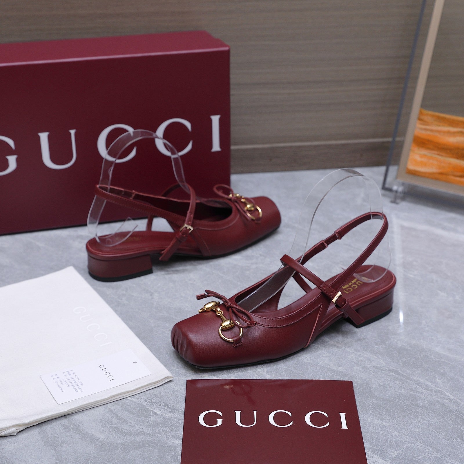 GUCCI 26S SLINGBACK PUMPS IN BURGUNDY RED CALFSKIN GOLD HARDWARE