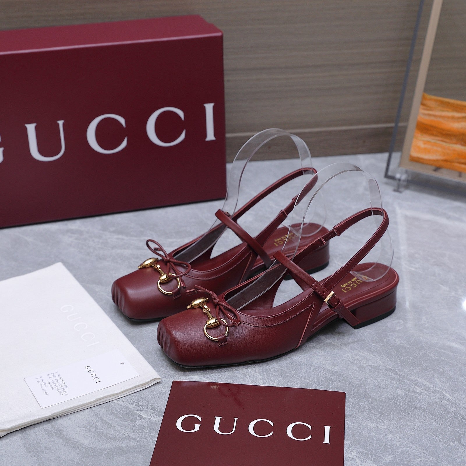 GUCCI 26S SLINGBACK PUMPS IN BURGUNDY RED CALFSKIN GOLD HARDWARE