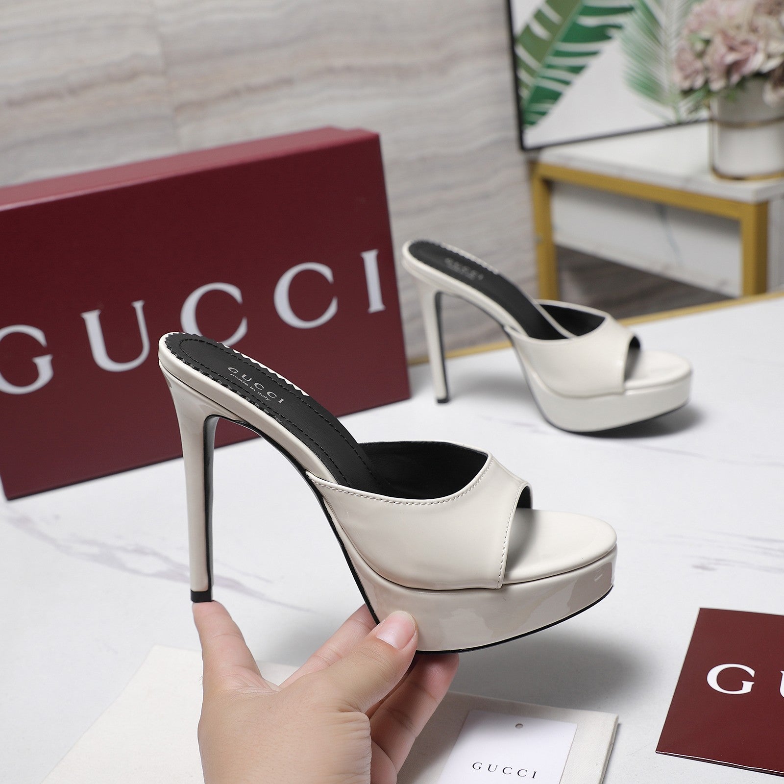 GUCCI 26S HEELED SLIDE SANDALS 120MM IN WHITE PATENT CALFSKIN