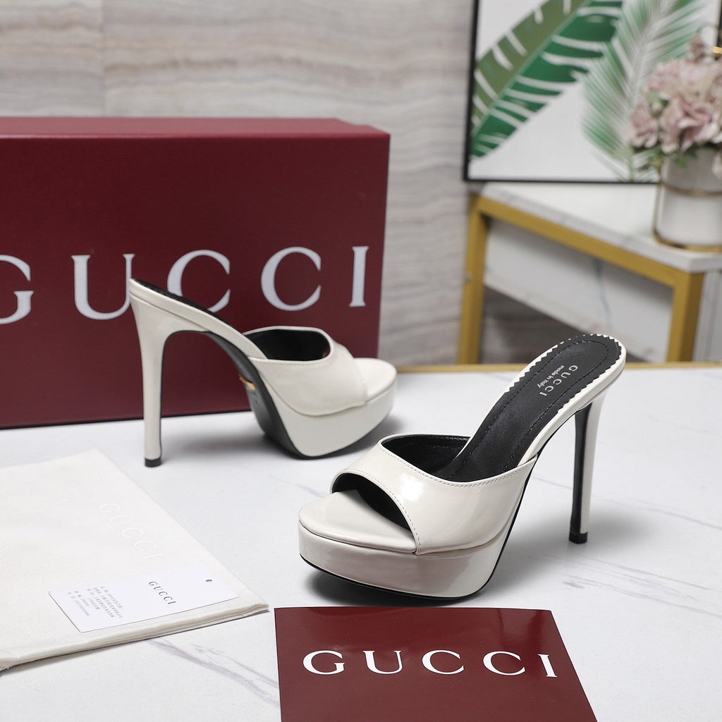 GUCCI 26S HEELED SLIDE SANDALS 120MM IN WHITE PATENT CALFSKIN