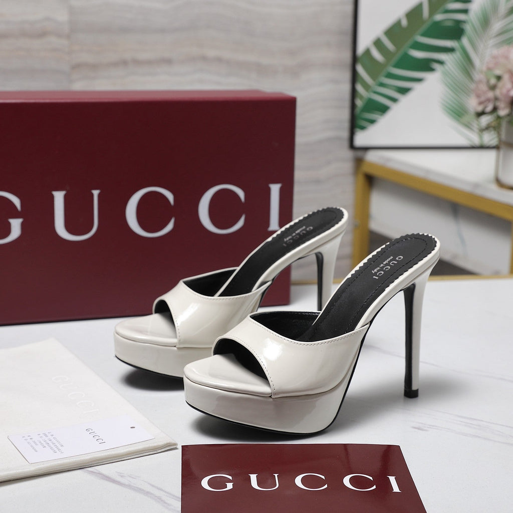 GUCCI 26S HEELED SLIDE SANDALS 120MM IN WHITE PATENT CALFSKIN