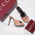 GUCCI 26S HEELED SLIDE SANDALS 120MM IN NUDE PINK PATENT CALFSKIN