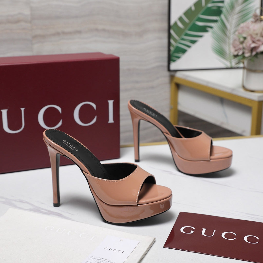 GUCCI 26S HEELED SLIDE SANDALS 120MM IN NUDE PINK PATENT CALFSKIN
