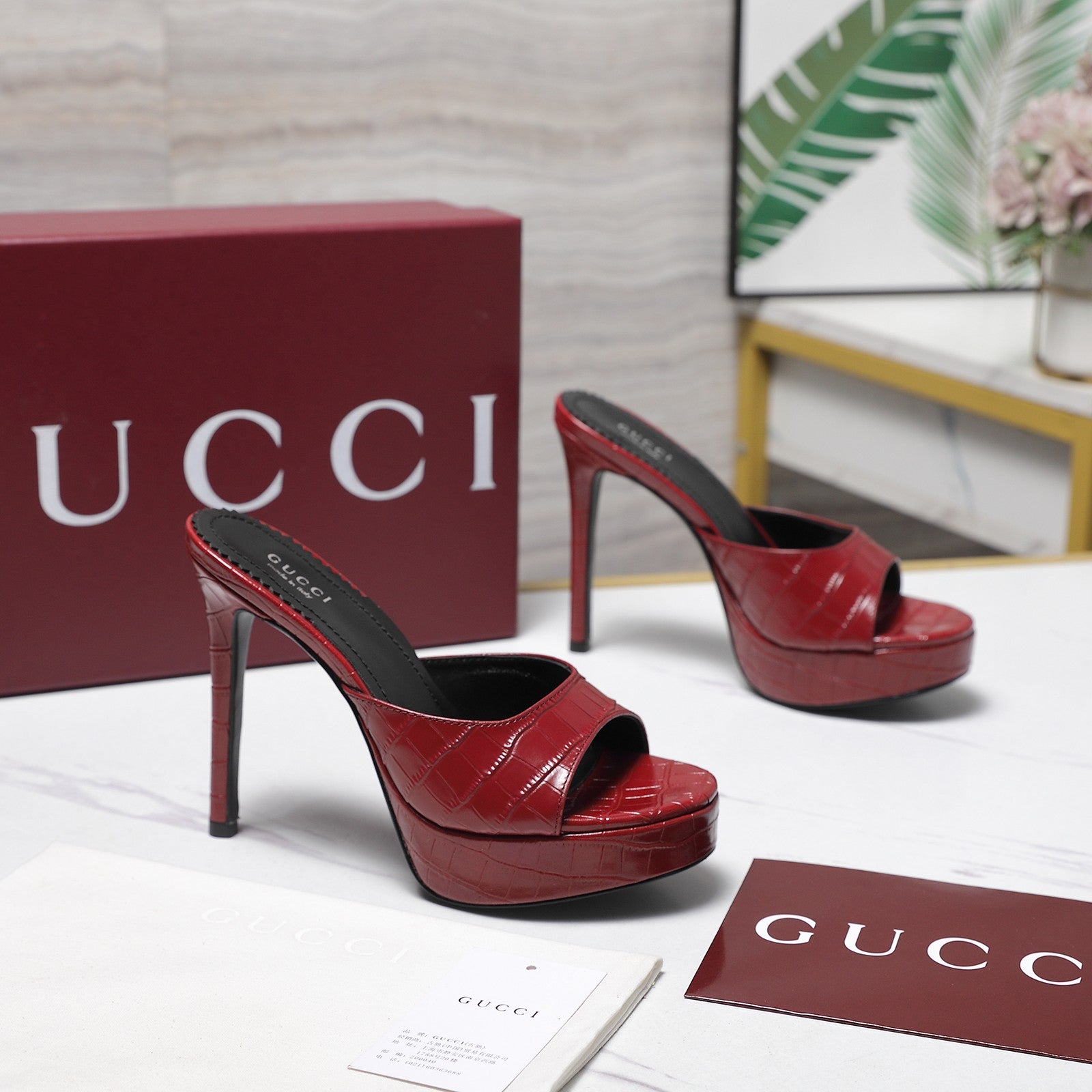 GUCCI 26S HEELED SLIDE SANDALS 120MM IN DARK RED CROCODILE EMBOSSED PATENT CALFSKIN