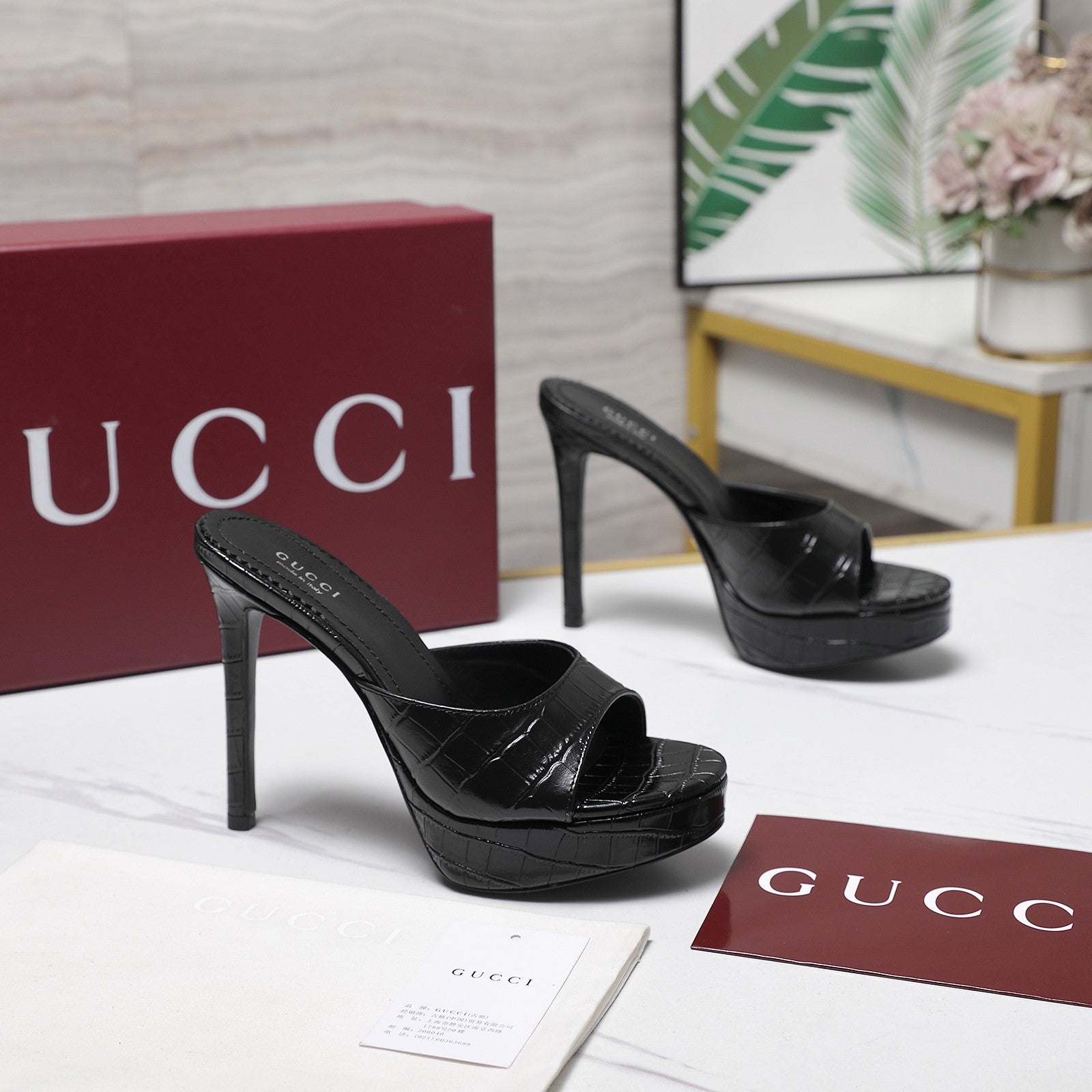 GUCCI 26S HEELED SLIDE SANDALS 120MM IN BLACK CROCODILE EMBOSSED PATENT CALFSKIN