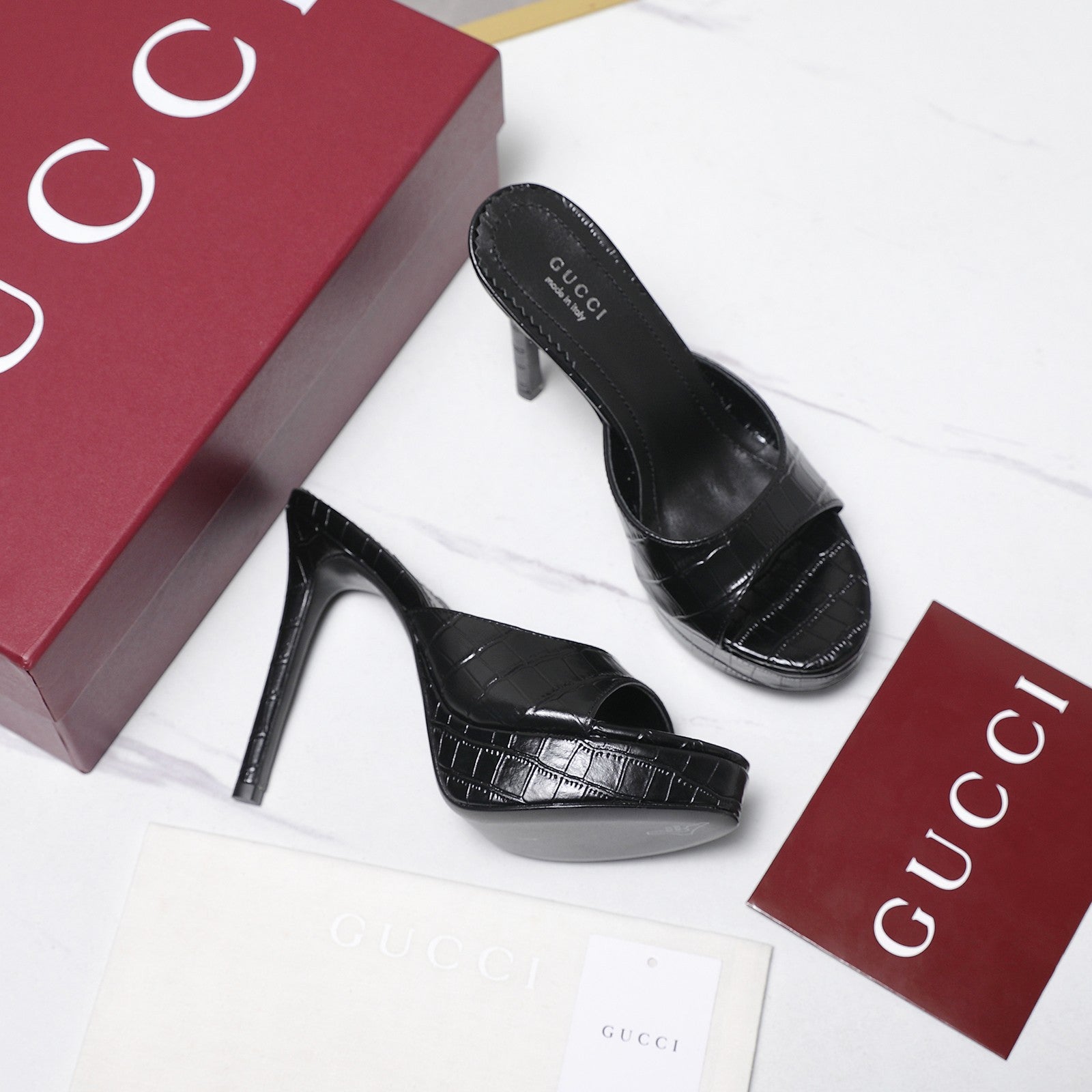 GUCCI 26S HEELED SLIDE SANDALS 120MM IN BLACK CROCODILE EMBOSSED PATENT CALFSKIN