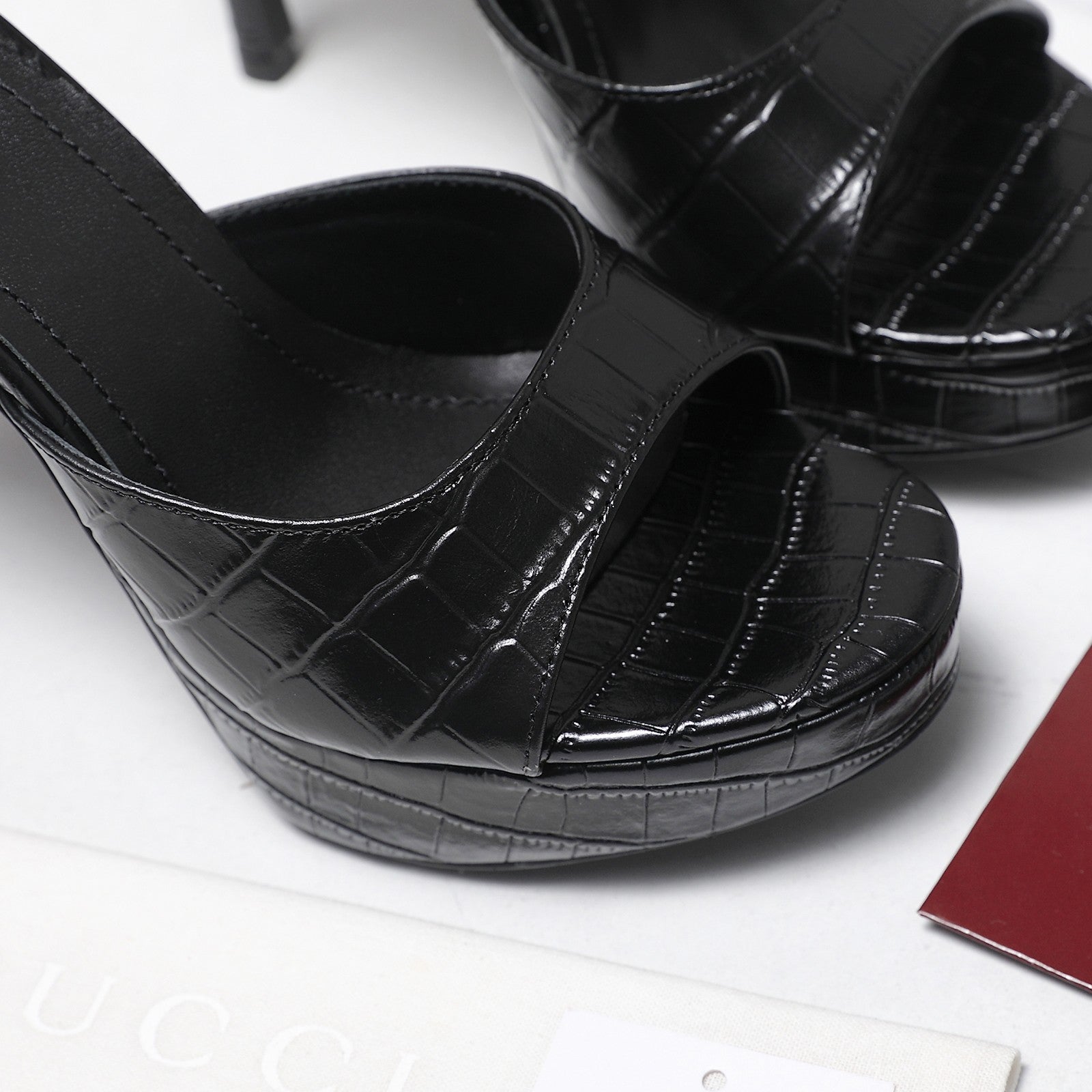 GUCCI 26S HEELED SLIDE SANDALS 120MM IN BLACK CROCODILE EMBOSSED PATENT CALFSKIN