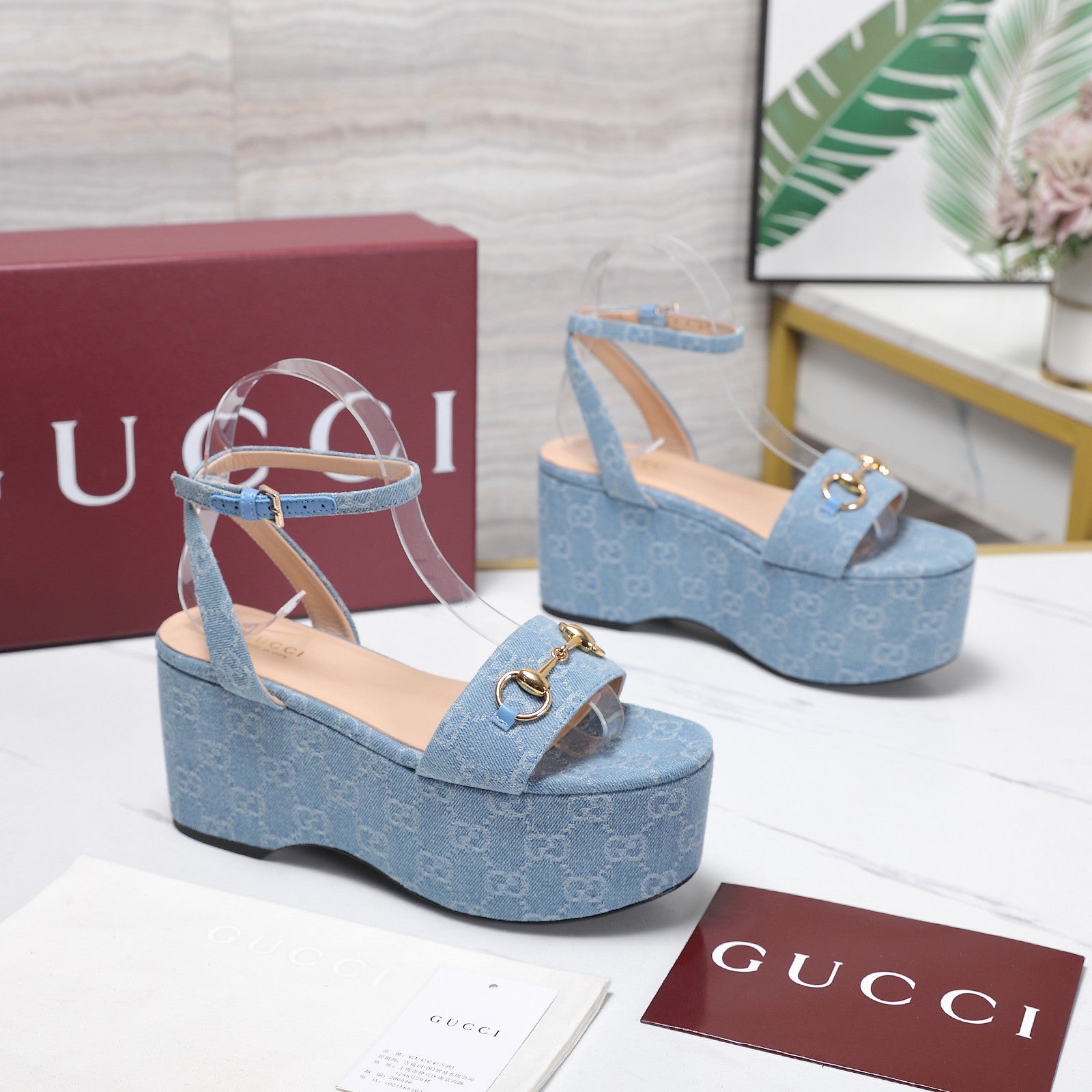 GUCCI 26S WEDGE SANDALS 80 MM IN LIGHT BLUE GG DENIM GOLD HARDWARE