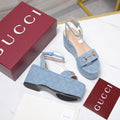GUCCI 26S WEDGE SANDALS 80 MM IN LIGHT BLUE GG DENIM GOLD HARDWARE