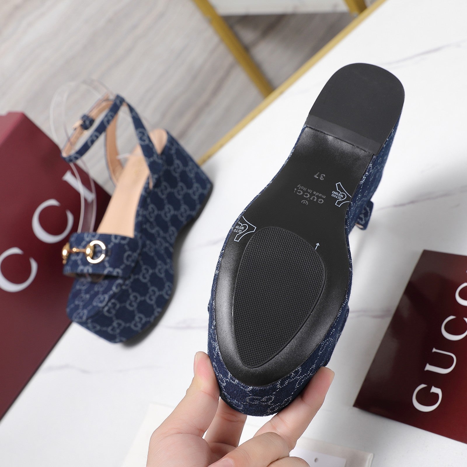 GUCCI 26S WEDGE SANDALS 80 MM IN BLUE GG DENIM GOLD HARDWARE