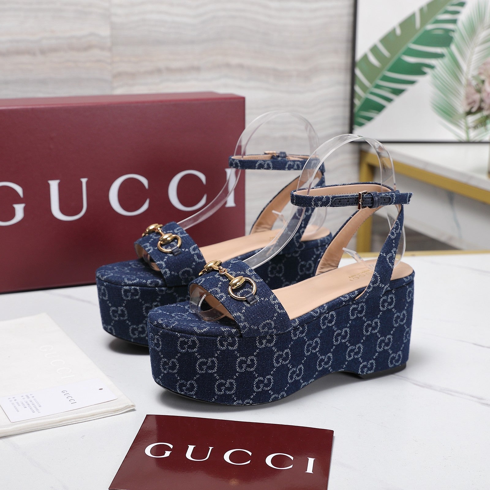 GUCCI 26S WEDGE SANDALS 80 MM IN BLUE GG DENIM GOLD HARDWARE